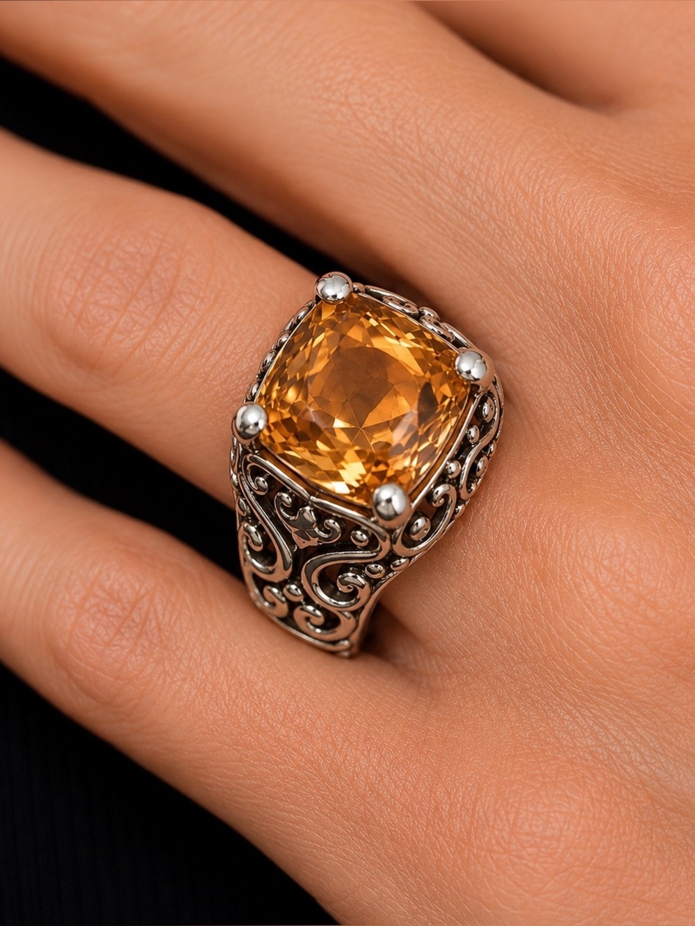 Estate Sterling Silver Gold Stone Ornate Filigree RIng PRETTY SZ 7.75 11.7 GR